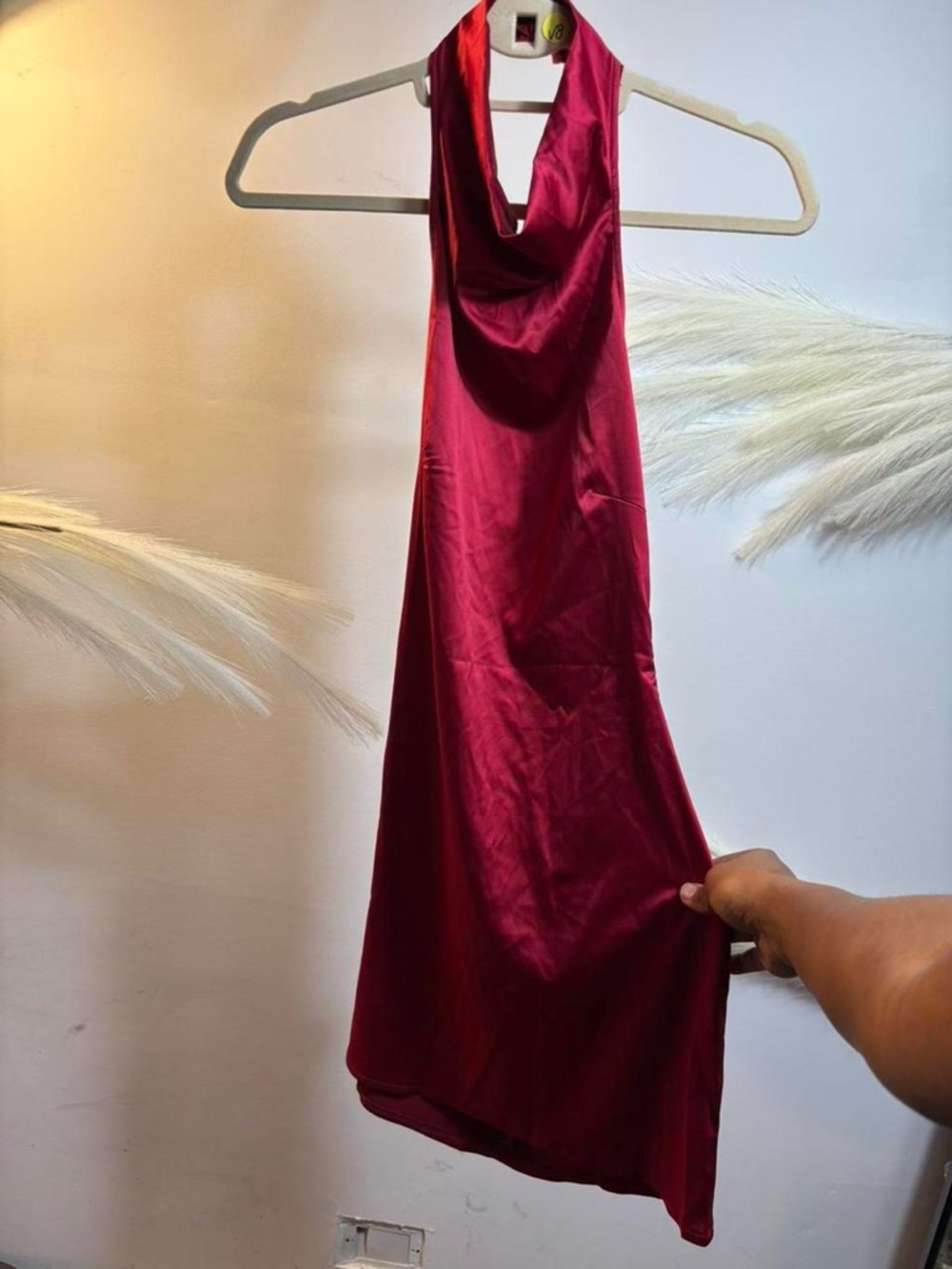 (#92) Satin Cowl Neck Halter Dress - Burgundy